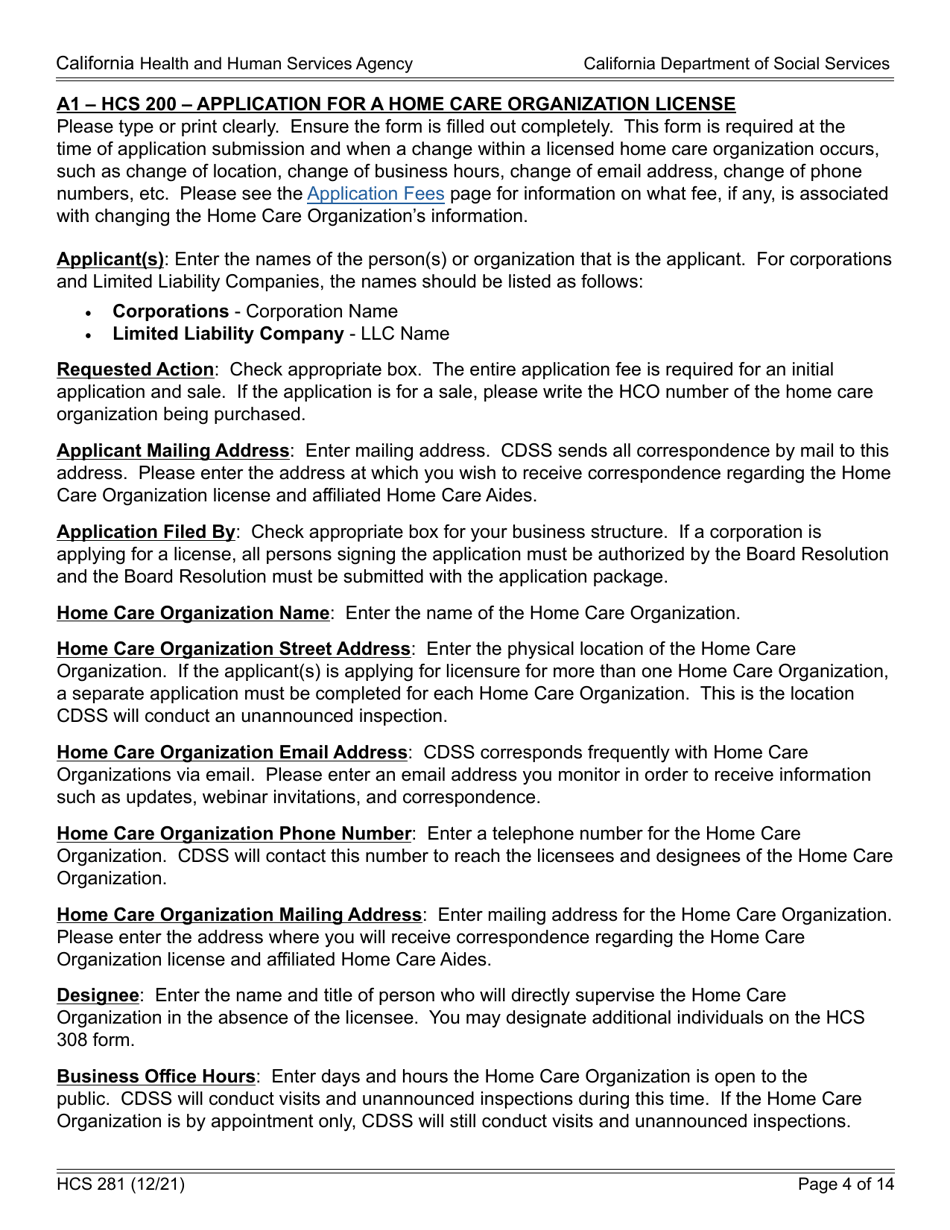 Form HCS281 Application Instructions for a Home Care Organization License - California, Page 4