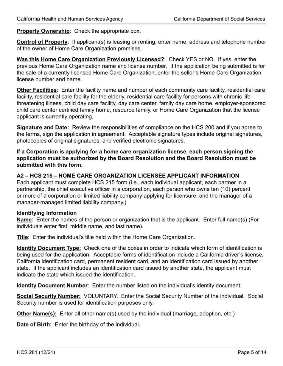 Form HCS281 Application Instructions for a Home Care Organization License - California, Page 5