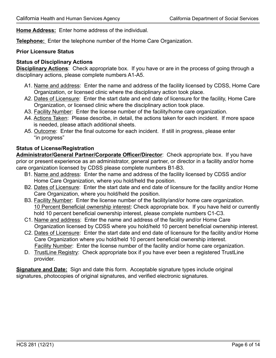 Form HCS281 Application Instructions for a Home Care Organization License - California, Page 6