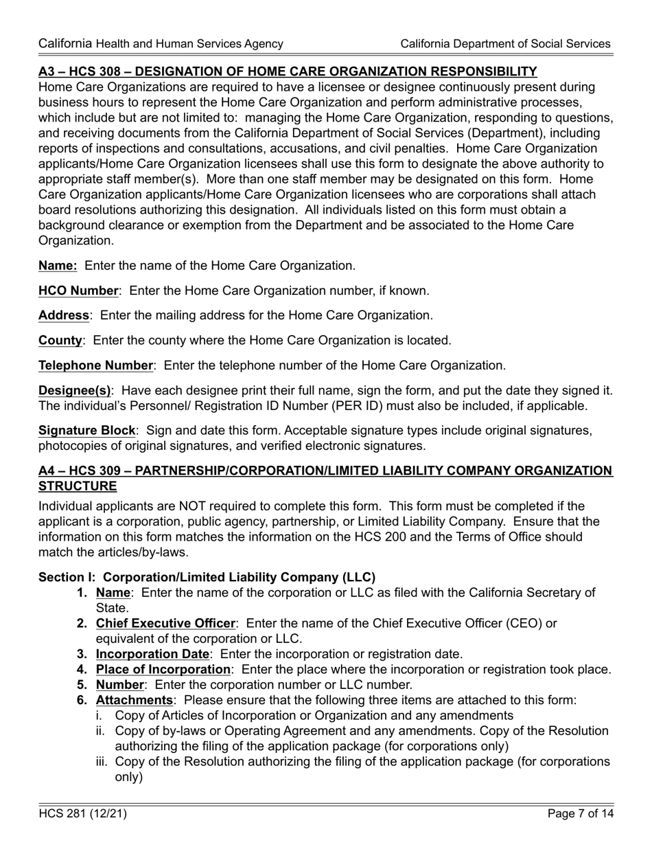 Form HCS281 Application Instructions for a Home Care Organization License - California, Page 7