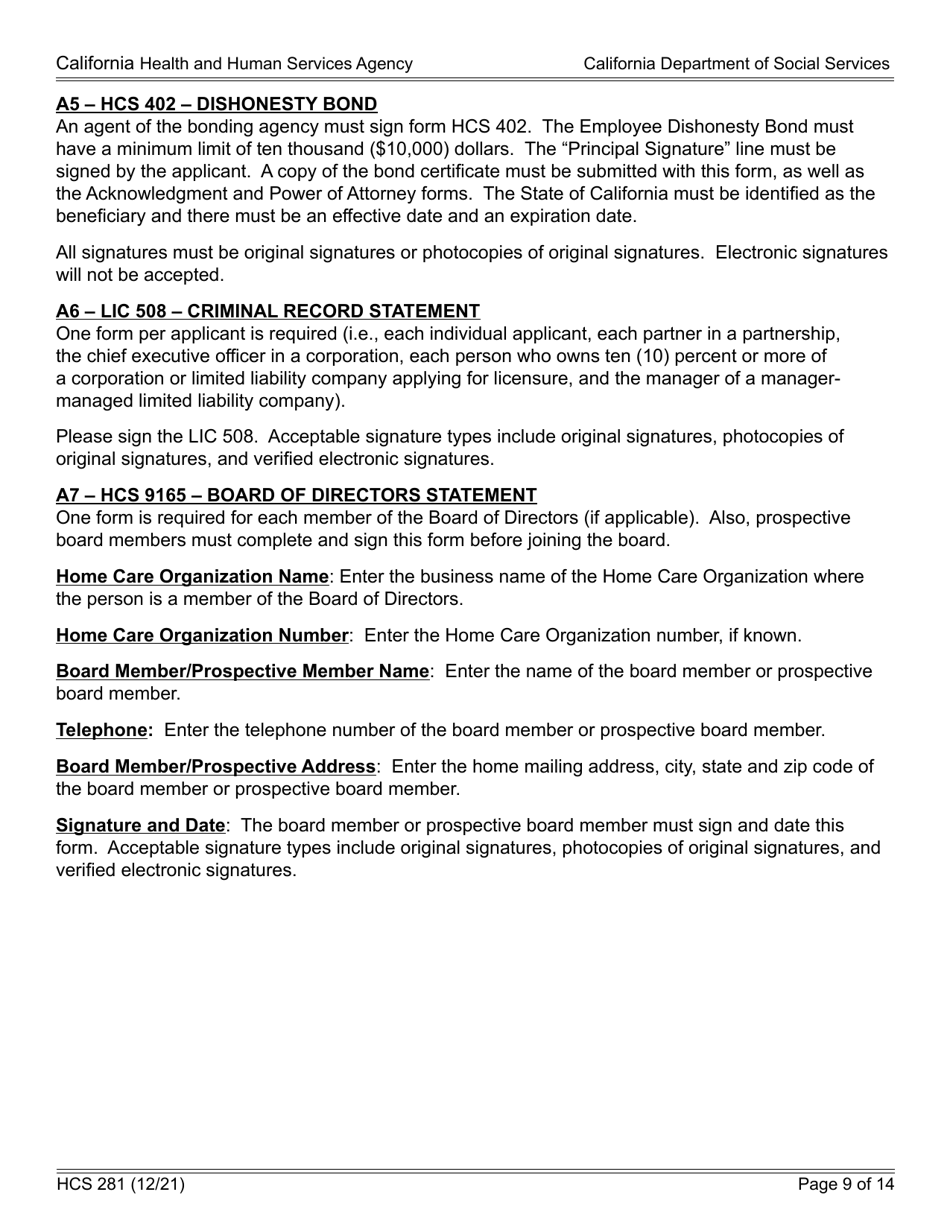 Form HCS281 Application Instructions for a Home Care Organization License - California, Page 9