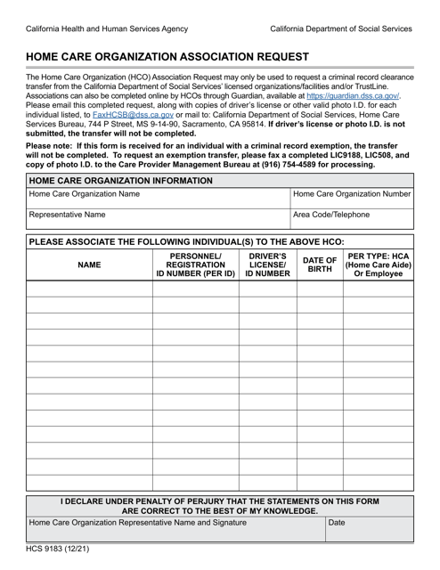 Form HCS9183 Home Care Organization Association Request - California