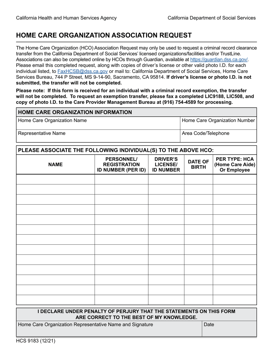 Form HCS9183 Home Care Organization Association Request - California, Page 1