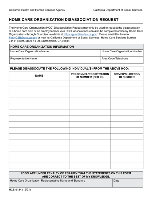Form HCS9184 Home Care Organization Disassociation Request - California