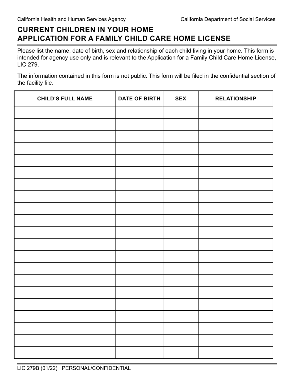Form LIC279B Application for a Family Child Care Home License - Current Children in Your Home - California, Page 1