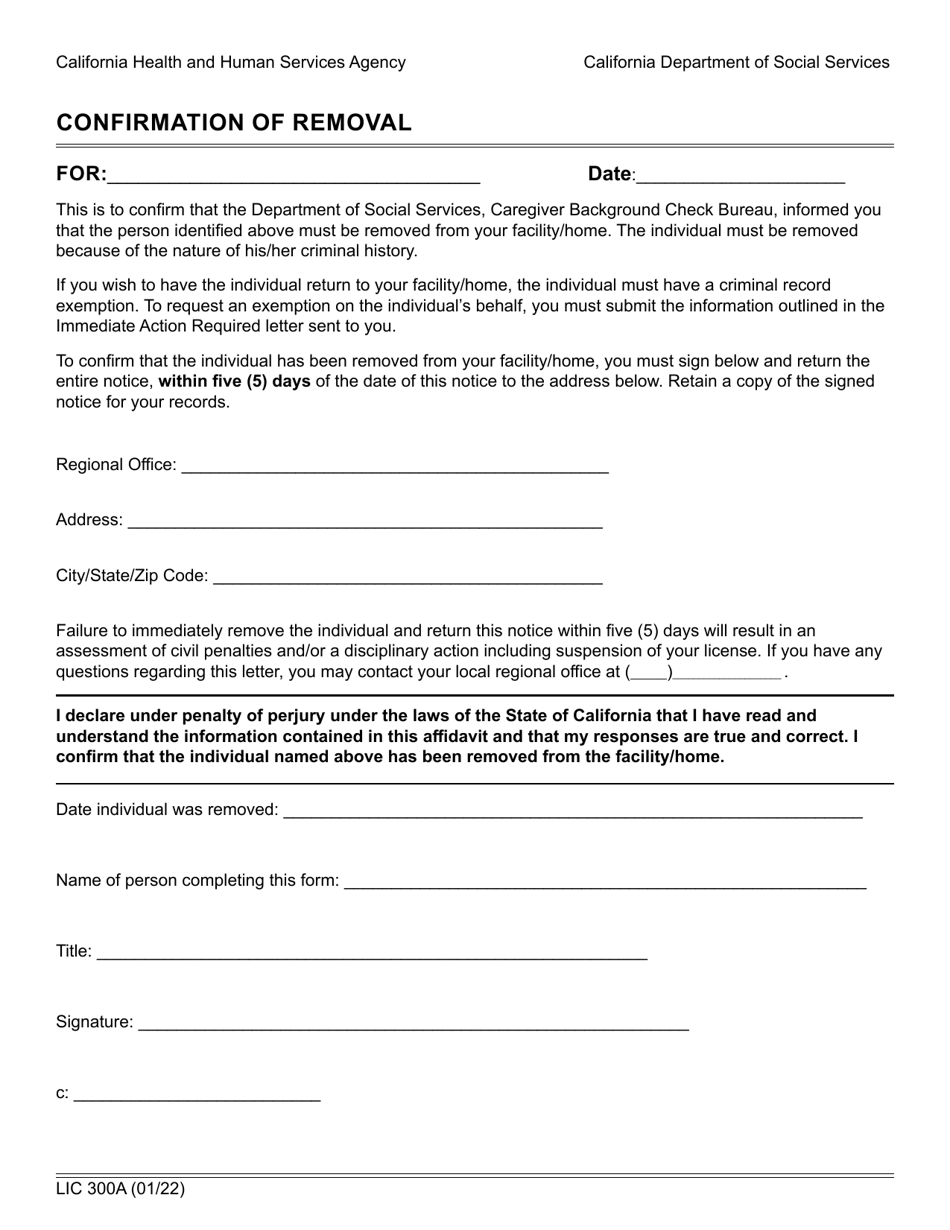 Form LIC300A Confirmation of Removal - Exemption Needed - California, Page 1