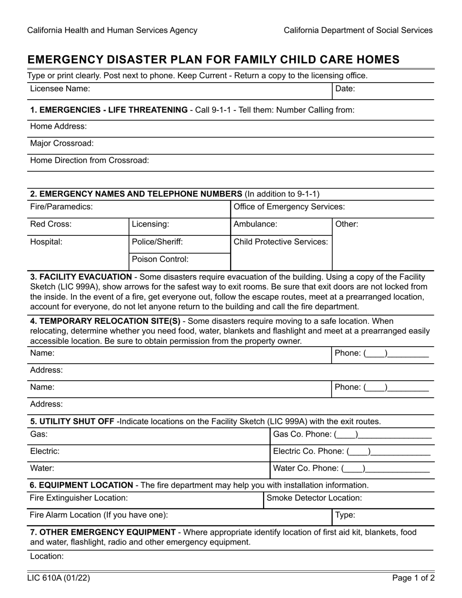 Form LIC610A Emergency Disaster Plan for Family Child Care Homes - California, Page 1