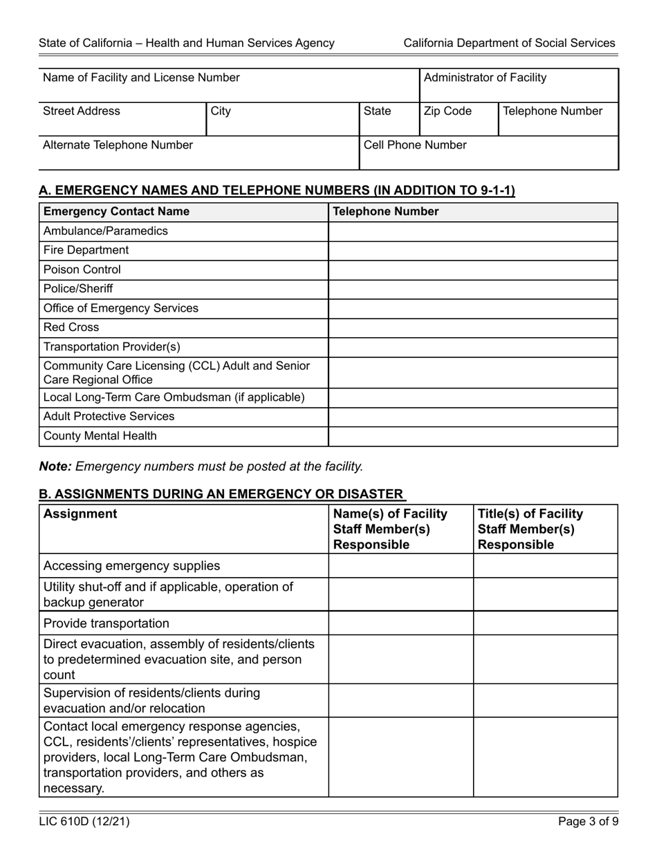 Form LIC610D Download Fillable PDF or Fill Online Emergency and ...