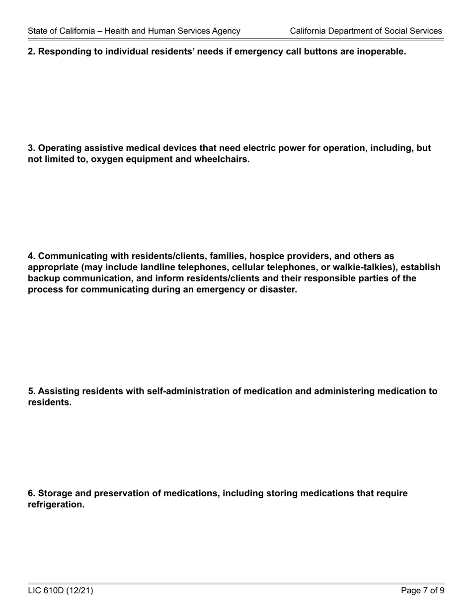 Form LIC610D Emergency and Disaster Plan for Adult Community Care Facilities and Residential Care Facilities for the Chronically Ill (Public) - California, Page 7