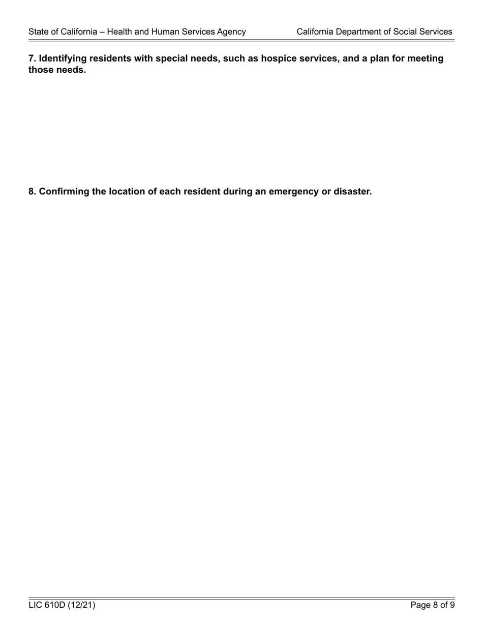 Form LIC610D Emergency and Disaster Plan for Adult Community Care Facilities and Residential Care Facilities for the Chronically Ill (Public) - California, Page 8