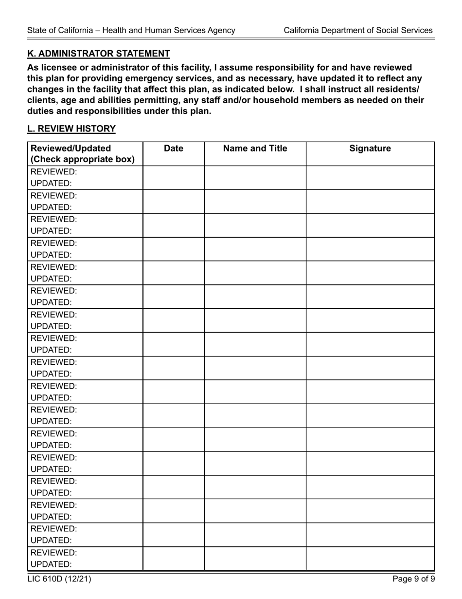 Form LIC610D Emergency and Disaster Plan for Adult Community Care Facilities and Residential Care Facilities for the Chronically Ill (Public) - California, Page 9