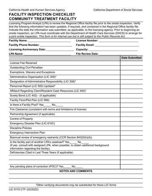 Form LIC9119 CTF Facility Inspection Checklist - Community Treatment Facility - California