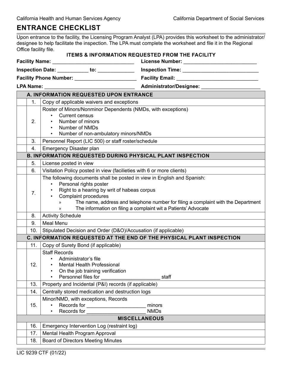 Form LIC9239 CTF Entrance Checklist - Community Treatment Facility - California, Page 1