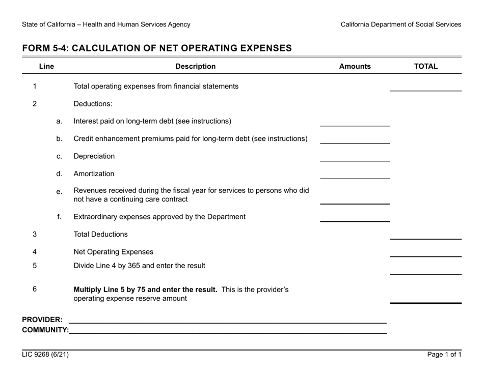 Form 5-4 (LIC9268) Calculation of Net Operating Expenses - California, Page 1