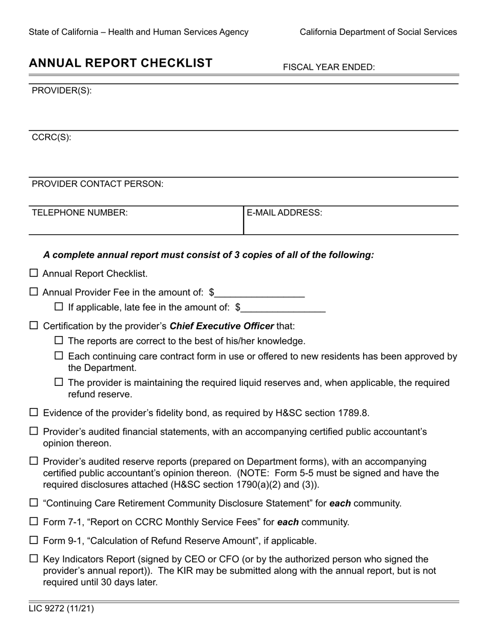 Form LIC9272 Annual Report Checklist - California, Page 1
