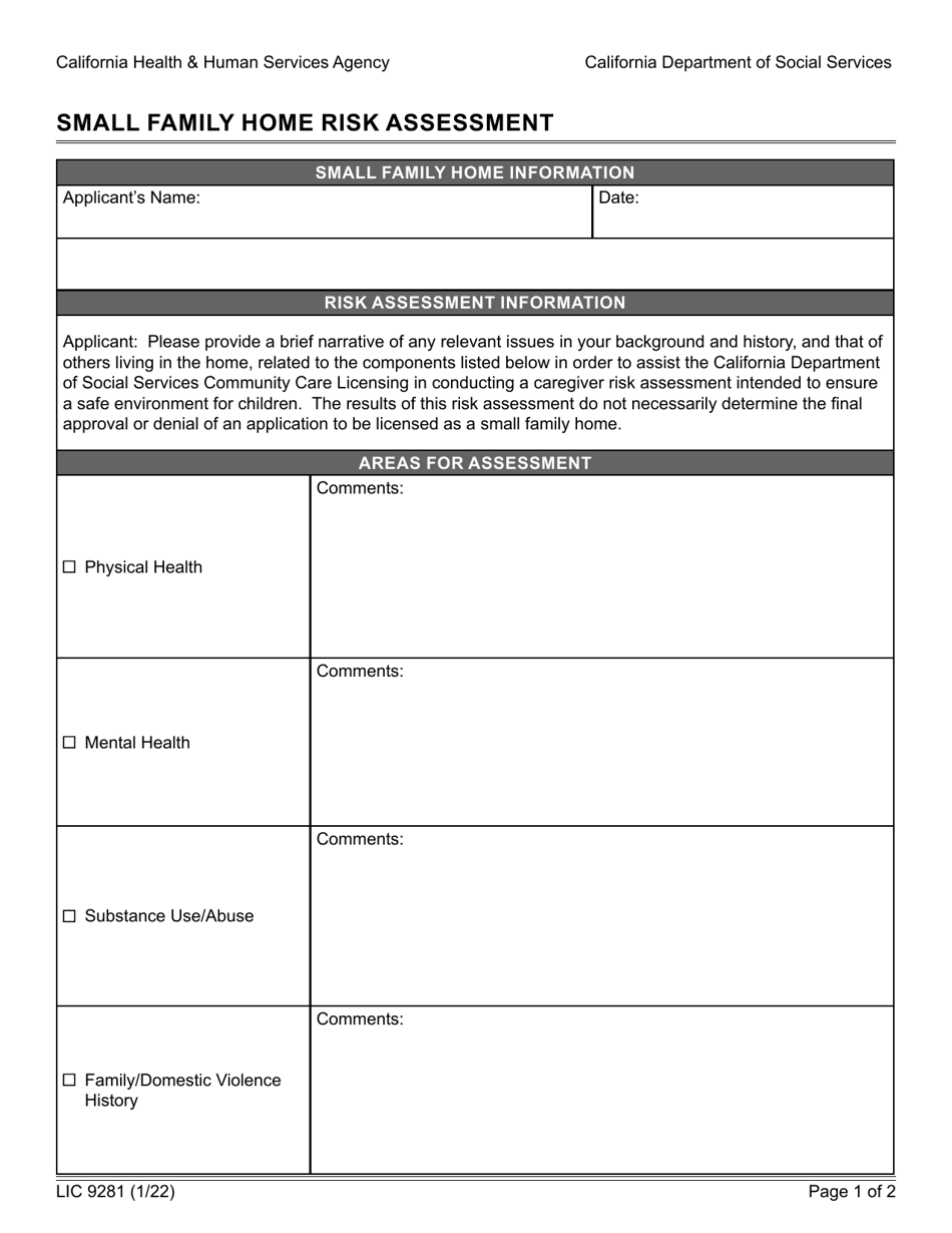Form LIC9281 Small Family Home Risk Assessment - California, Page 1