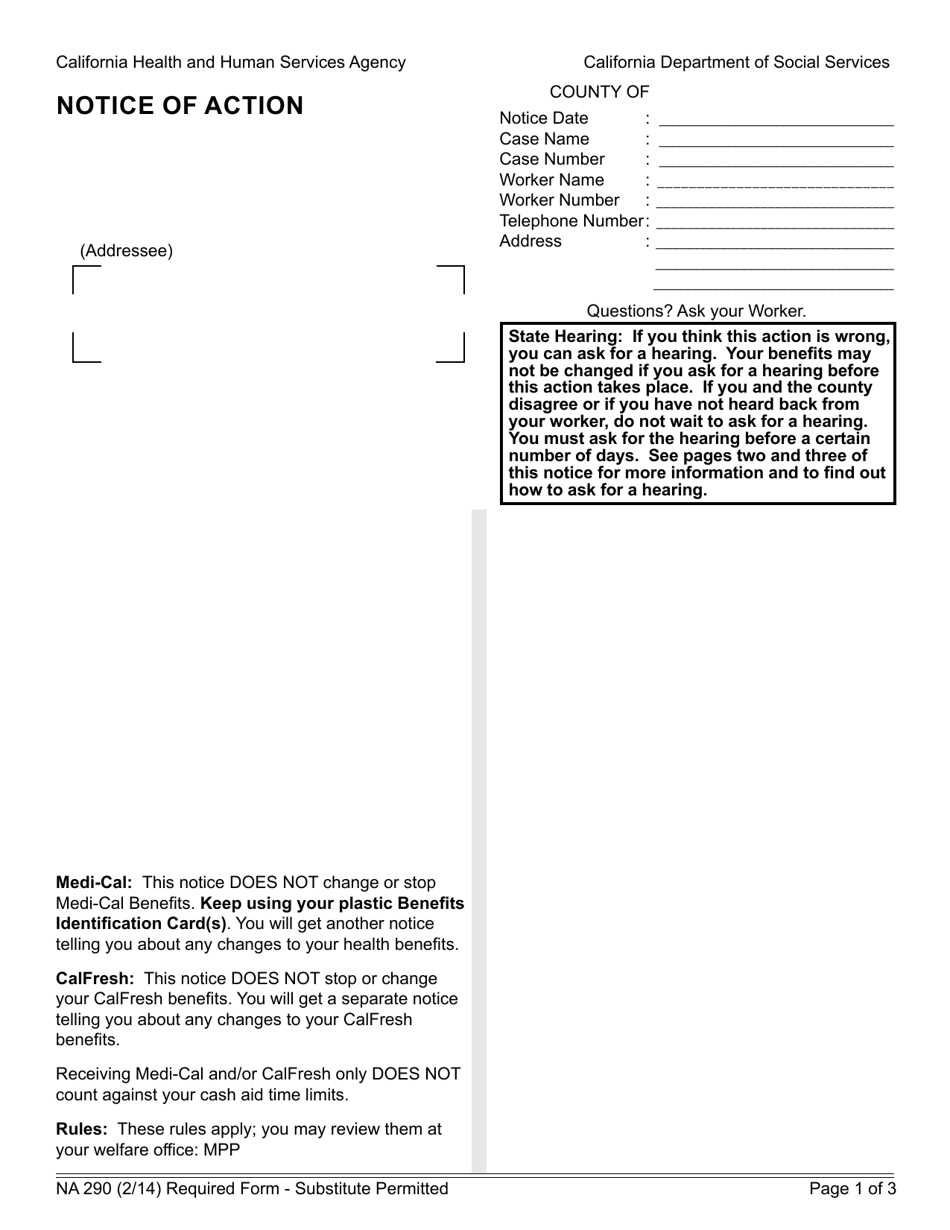 Form NA290 Notice of Action - California, Page 1