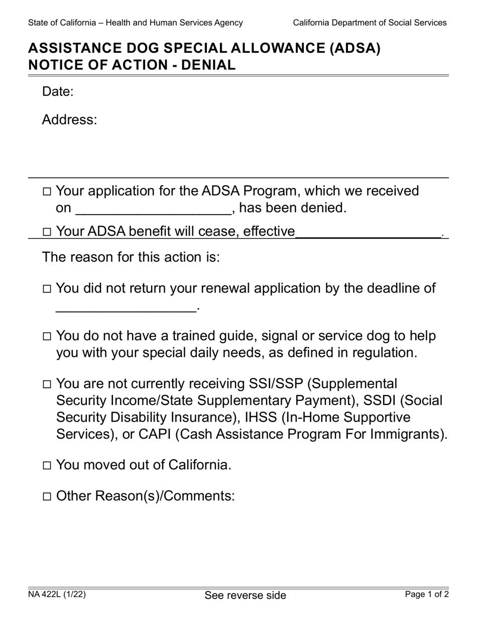 Form NA422L Assistance Dog Special Allowance (Adsa) Notice of Action - Denial - Large Print - California, Page 1