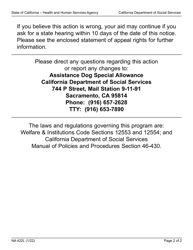 Form NA422L Assistance Dog Special Allowance (Adsa) Notice of Action - Denial - Large Print - California, Page 2