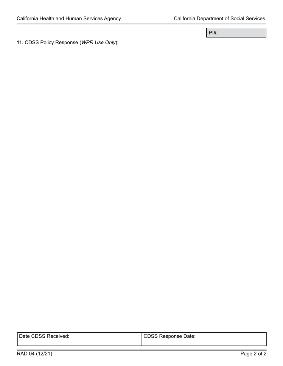 Form RAD04 Work Participation Rate Request for Policy Interpretation - California, Page 2