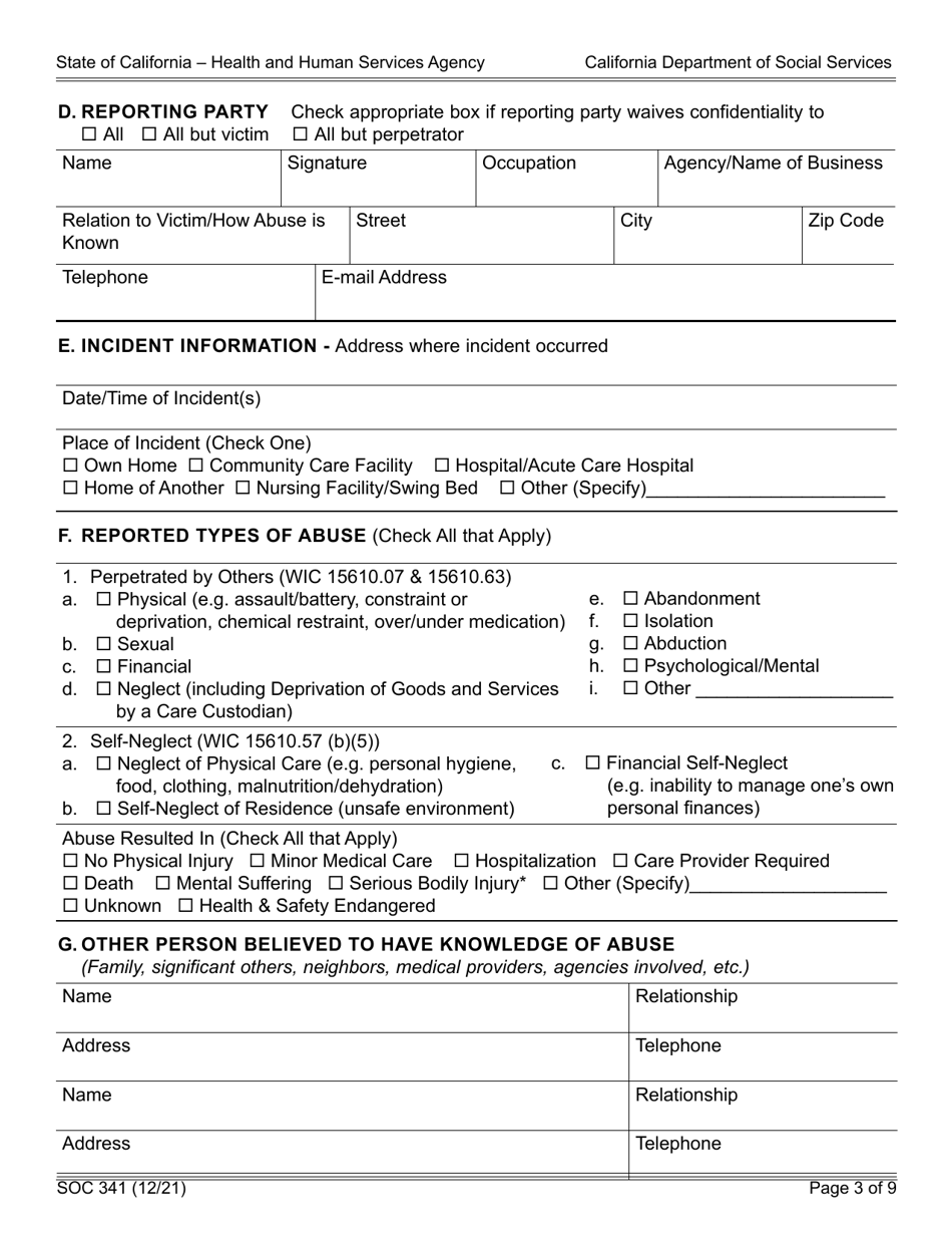 Form SOC341 Report of Suspected Dependent Adult / Elder Abuse - California, Page 3