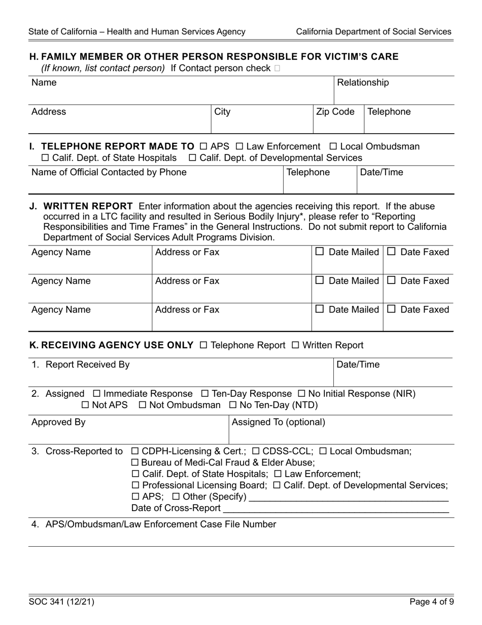 Form SOC341 Report of Suspected Dependent Adult / Elder Abuse - California, Page 4