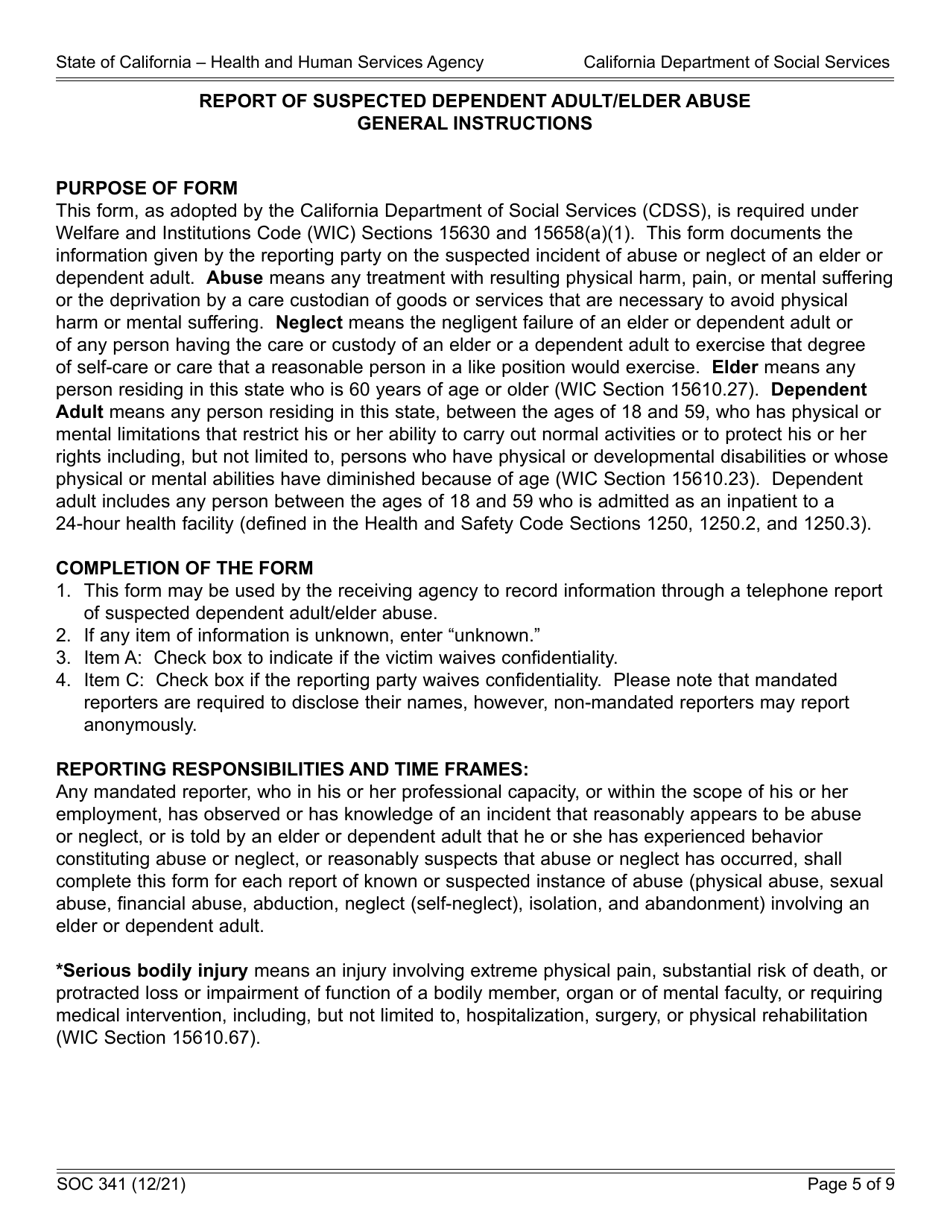 Form SOC341 Report of Suspected Dependent Adult / Elder Abuse - California, Page 5