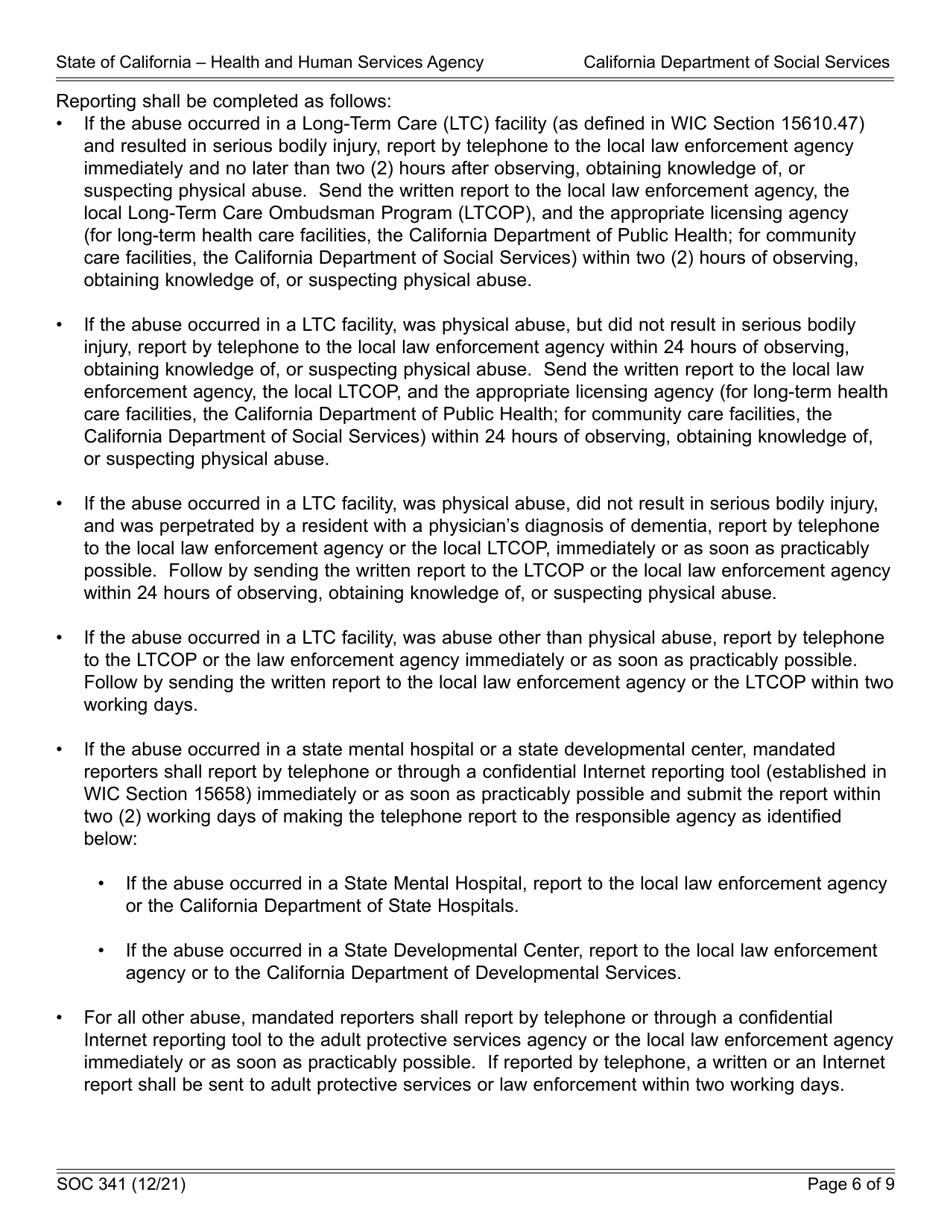 Form SOC341 Report of Suspected Dependent Adult / Elder Abuse - California, Page 6