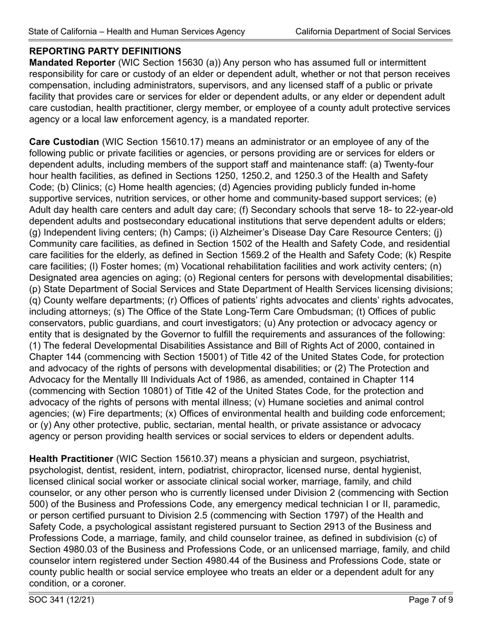 Form SOC341 Report of Suspected Dependent Adult / Elder Abuse - California, Page 7