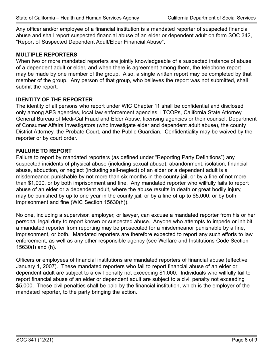 Form SOC341 Report of Suspected Dependent Adult / Elder Abuse - California, Page 8