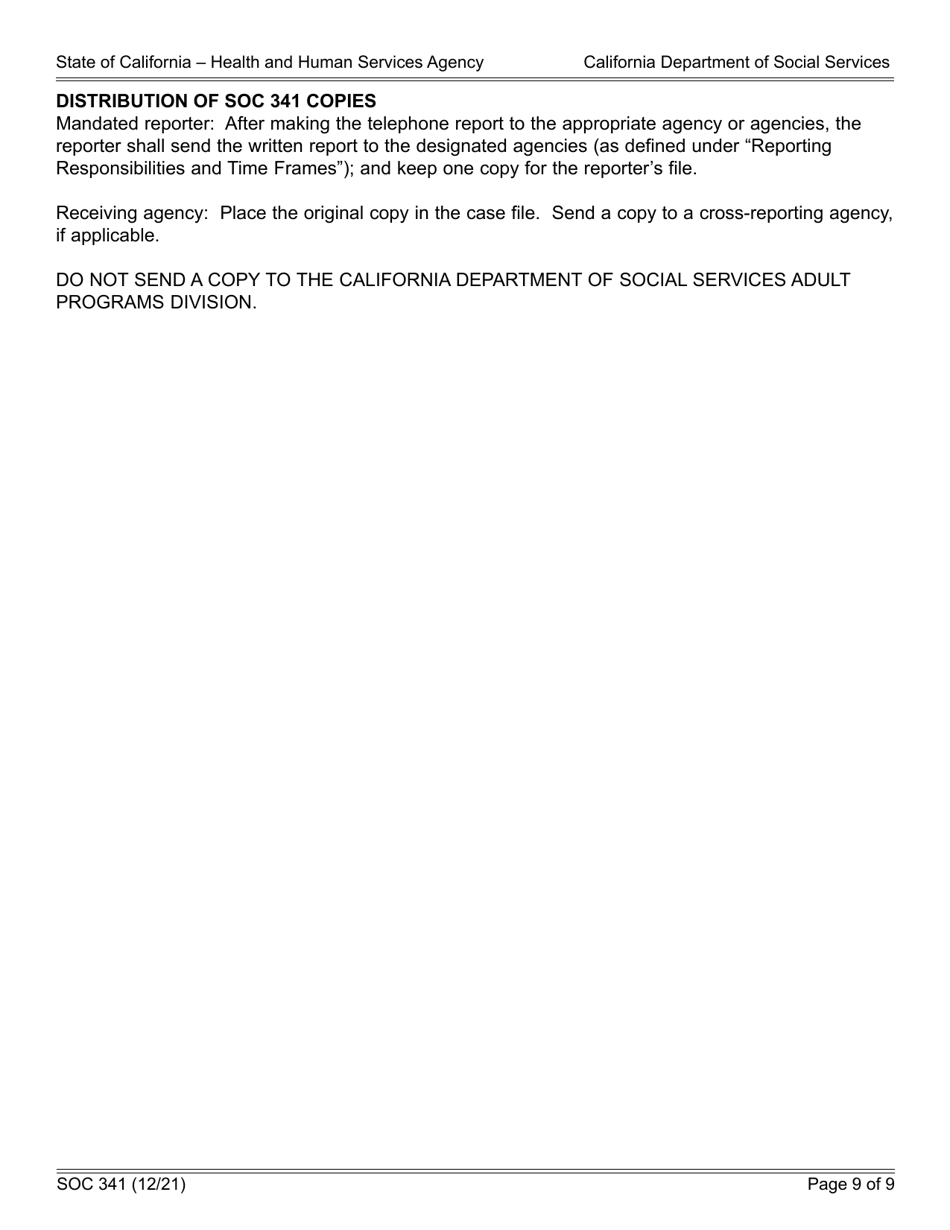 Form SOC341 Report of Suspected Dependent Adult / Elder Abuse - California, Page 9