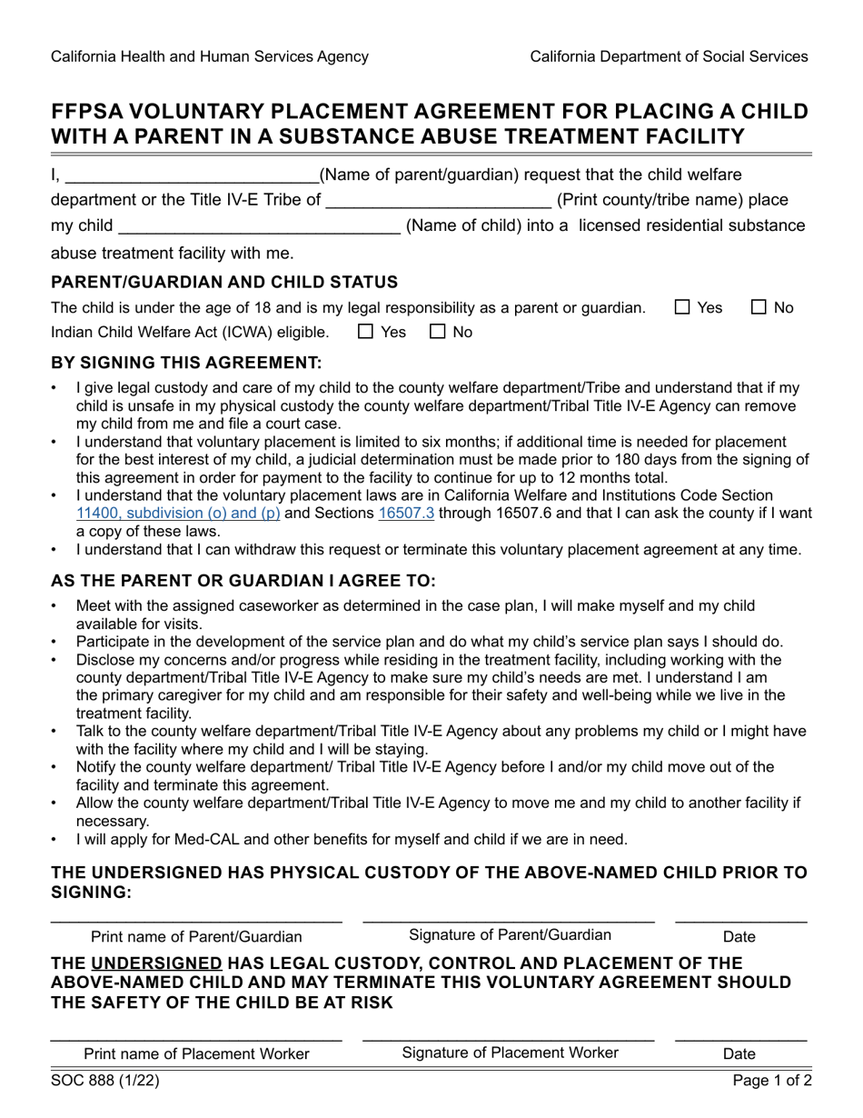 Form SOC888 Ffpsa Voluntary Placement Agreement for Placing a Child With a Parent in a Substance Abuse Treatment Facility - California, Page 1