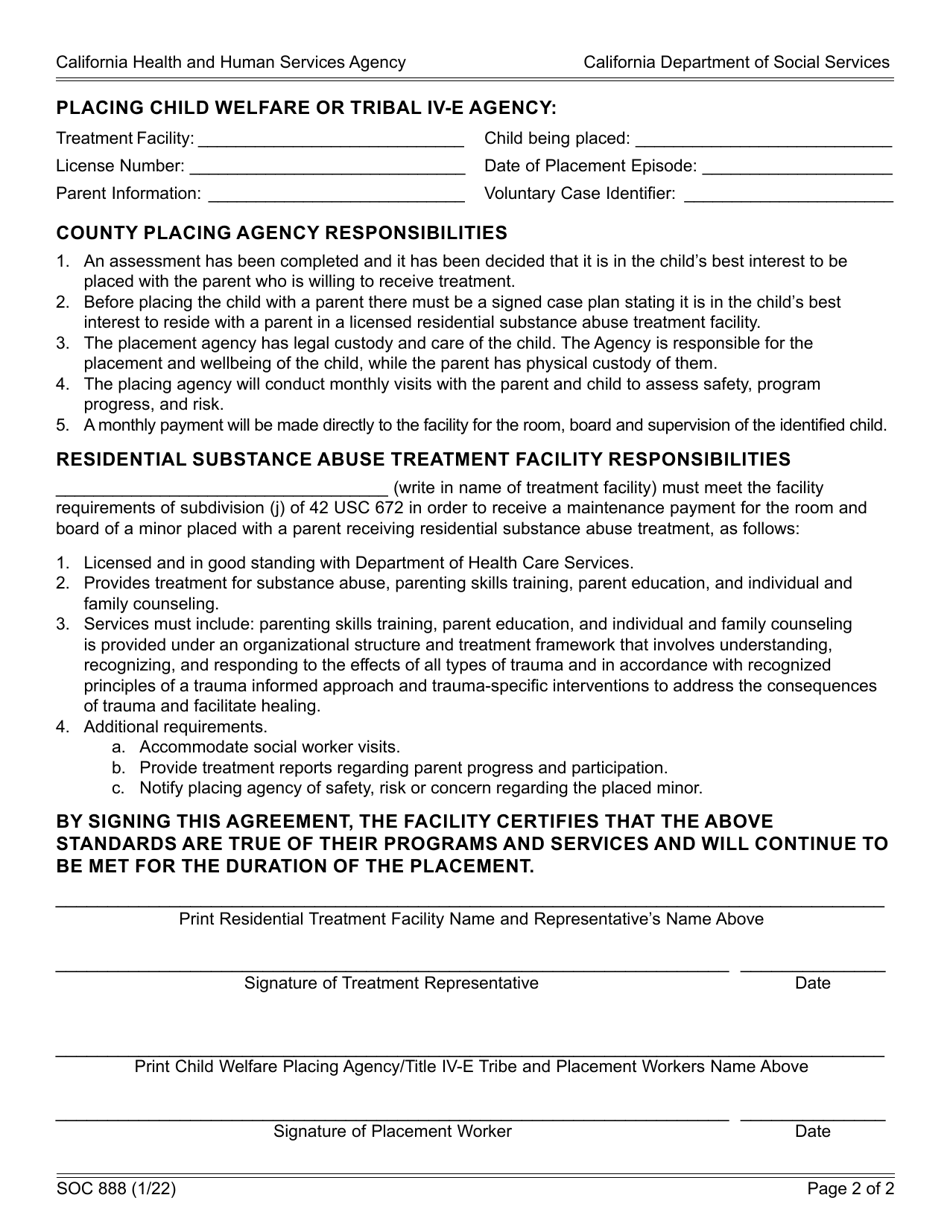 Form SOC888 Ffpsa Voluntary Placement Agreement for Placing a Child With a Parent in a Substance Abuse Treatment Facility - California, Page 2