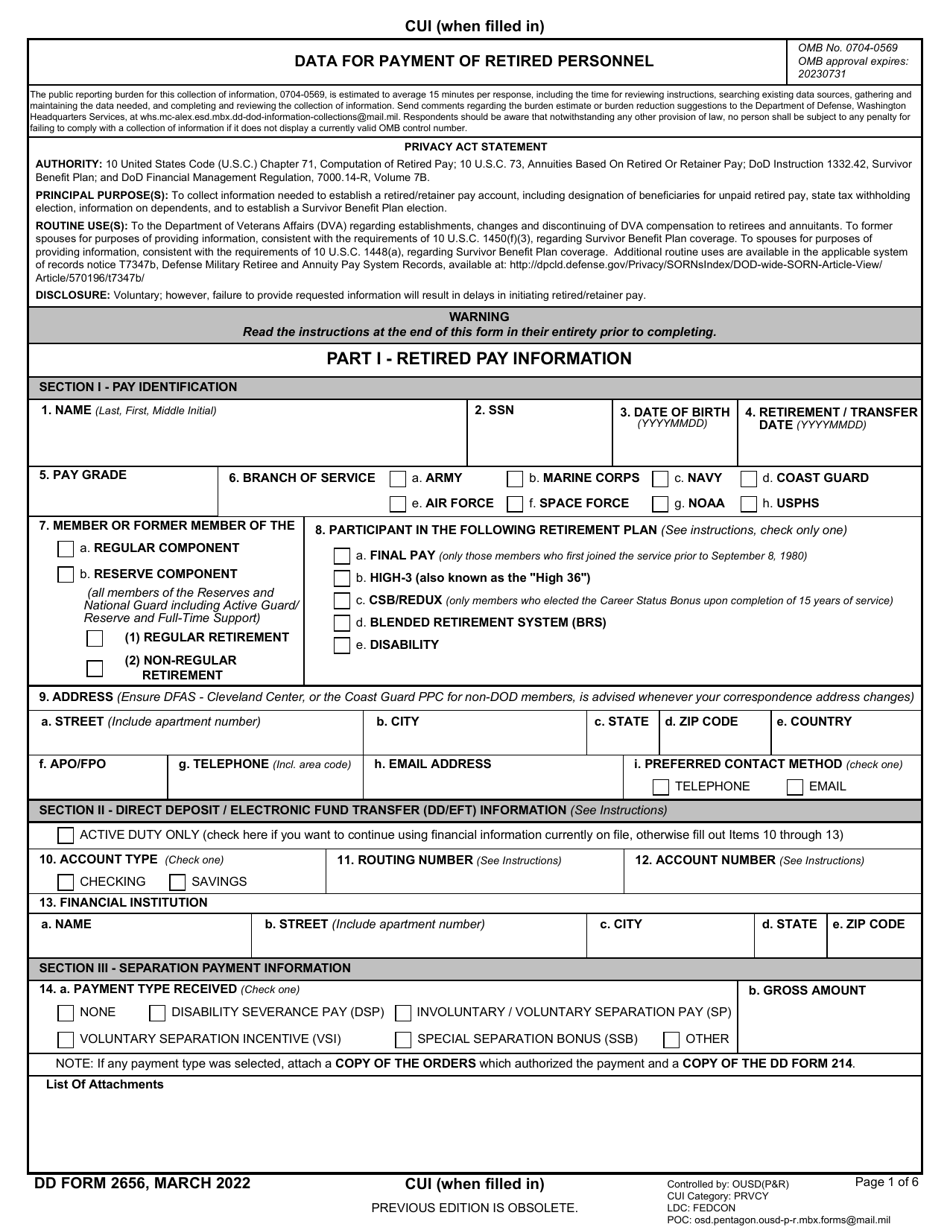 DD Form 2656 Data for Payment of Retired Personnel, Page 1
