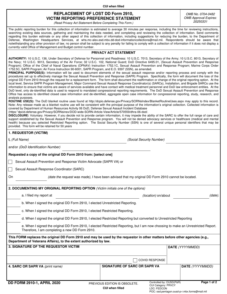 DD Form 2910-1 Download Fillable PDF or Fill Online Replacement of Lost ...