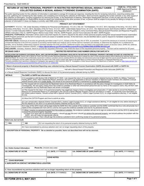 DD Form 2910-3 Return of Victim's Personal Property in Restricted Reporting Sexual Assault Cases Collected During a Sexual Assault Forensic Examination (Safe)
