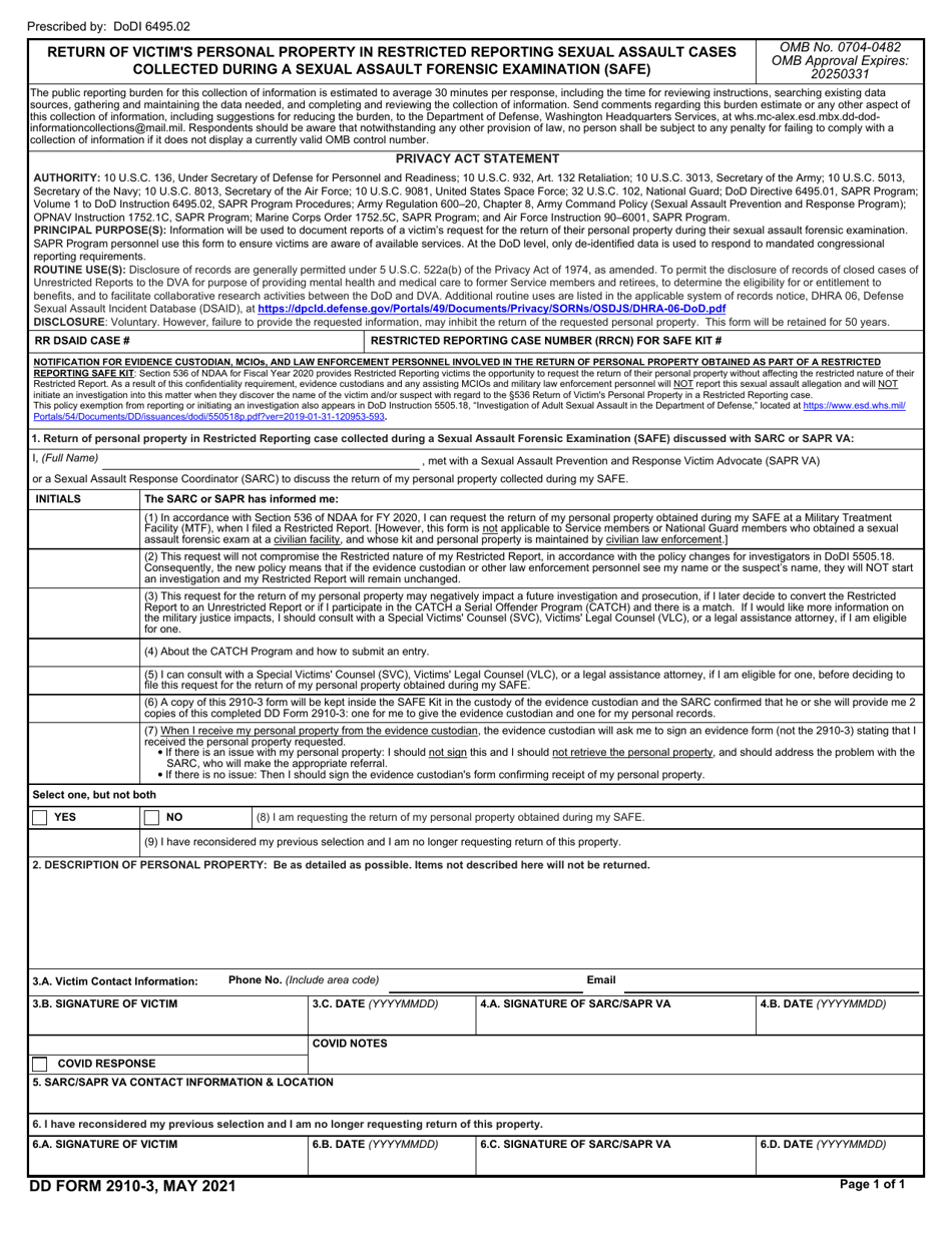 DD Form 2910-3 Return of Victims Personal Property in Restricted Reporting Sexual Assault Cases Collected During a Sexual Assault Forensic Examination (Safe), Page 1