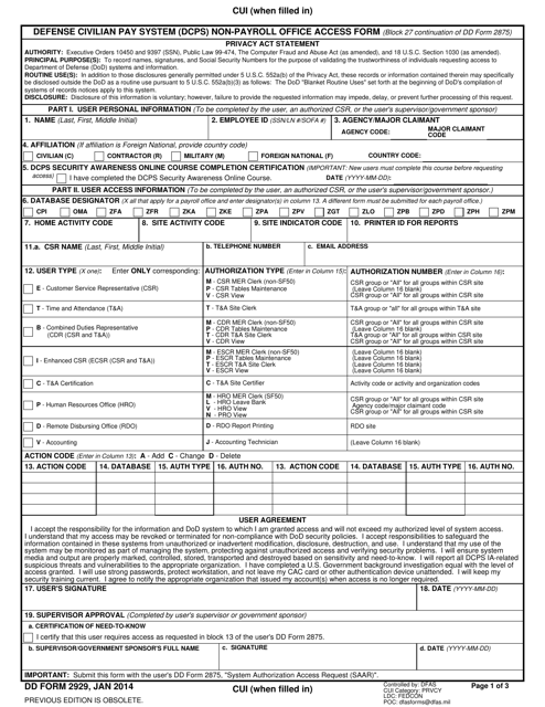 DD Form 2929 Defense Civilian Pay System (Dcps) Non-payroll Office Access Form