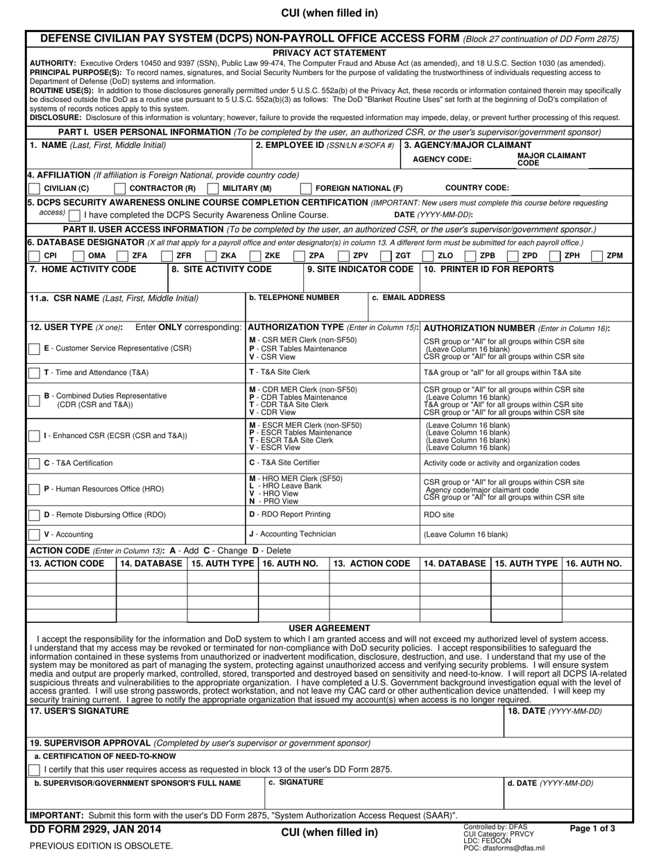 DD Form 2929 Defense Civilian Pay System (Dcps) Non-payroll Office Access Form, Page 1