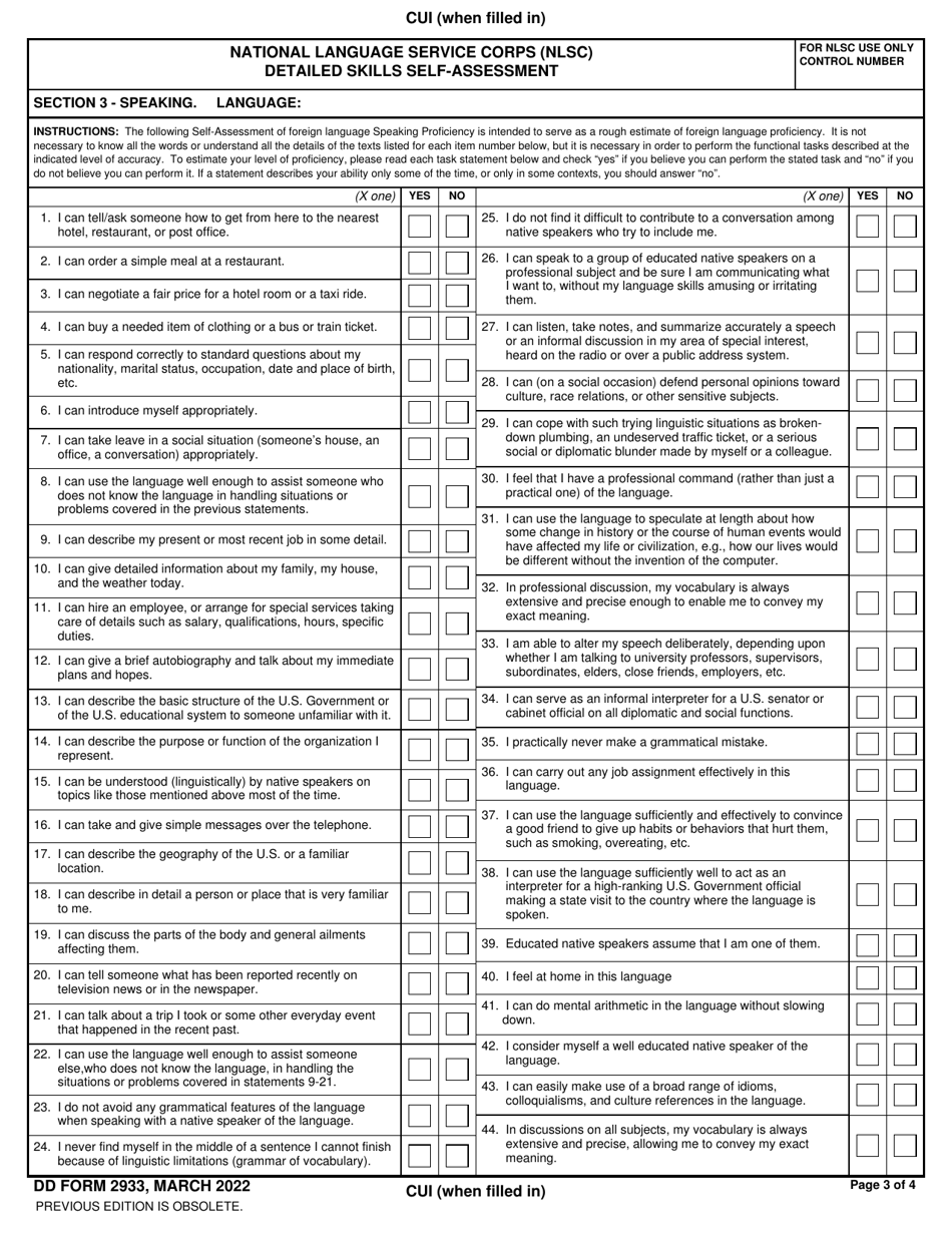 DD Form 2933 National Language Service Corps (Nlsc) Detailed Skills Self-assessment, Page 3
