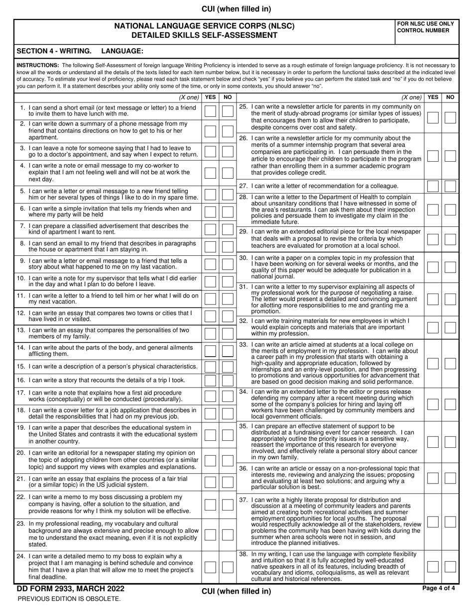 DD Form 2933 National Language Service Corps (Nlsc) Detailed Skills Self-assessment, Page 4
