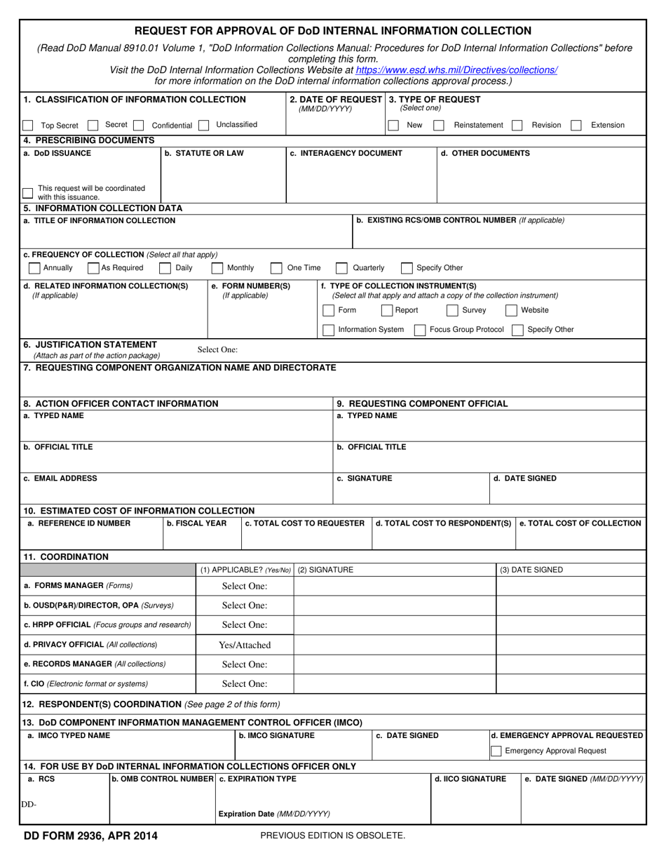DD Form 2936 Request for Approval of DoD Internal Information Collection, Page 1