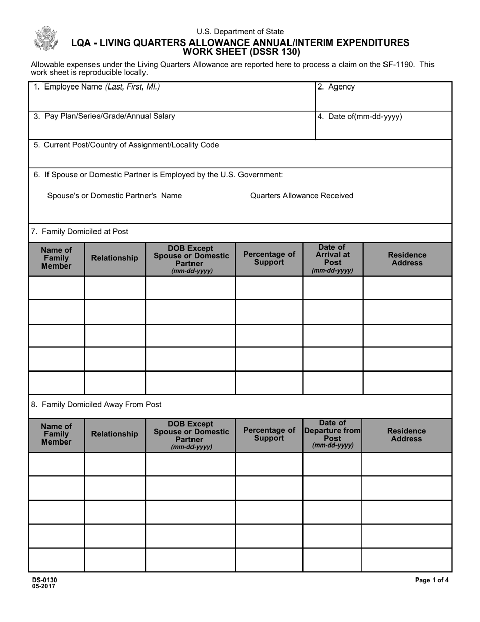 Form DS-0130 Lqa - Living Quarters Allowance Annual / Interim Expenditures Work Sheet, Page 1