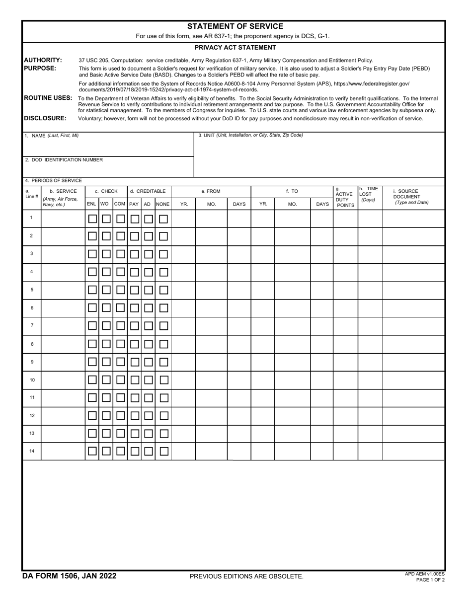 DA Form 1506 Statement of Service, Page 1