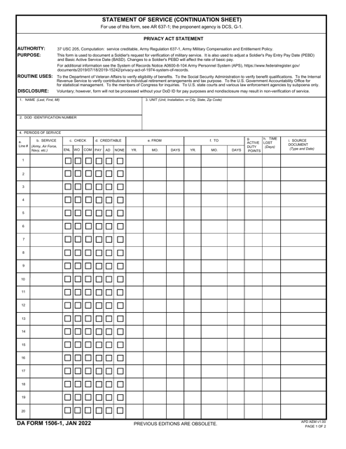 DA Form 1506-1 Statement of Service (Continuation Sheet)