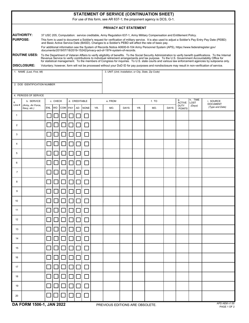 DA Form 1506-1 Statement of Service (Continuation Sheet), Page 1