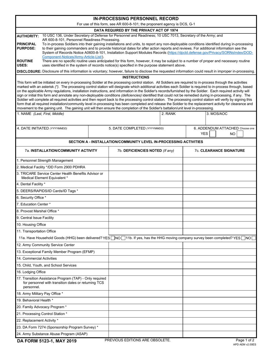DA Form 5123-1 In-processing Personnel Record, Page 1