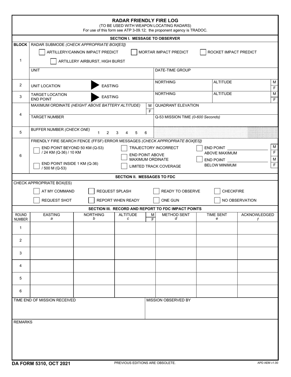 DA Form 5310 Radar Friendly Fire Log, Page 1