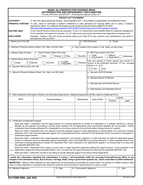 DA Form 5960 Basic Allowance for Housing (Bah) Authorization and Dependency Declaration