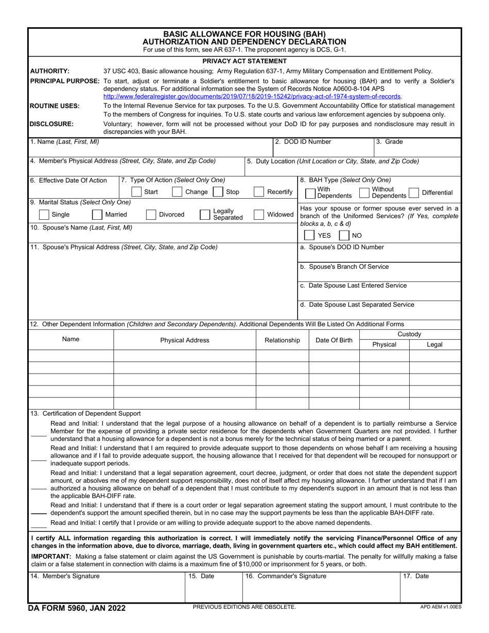 DA Form 5960 - Fill Out, Sign Online and Download Fillable PDF ...